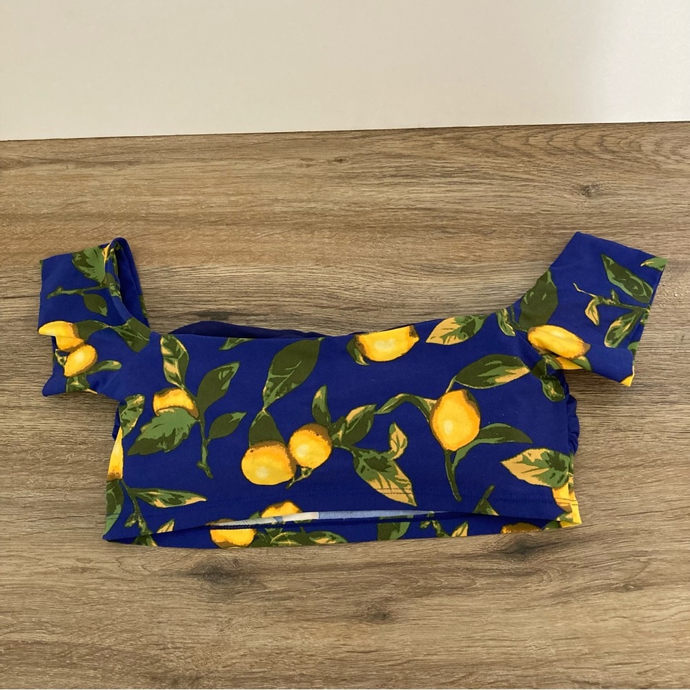 Gianni Bini Womens Bra Bralette M Off Shoulder Sleeves Blue Lemons Print